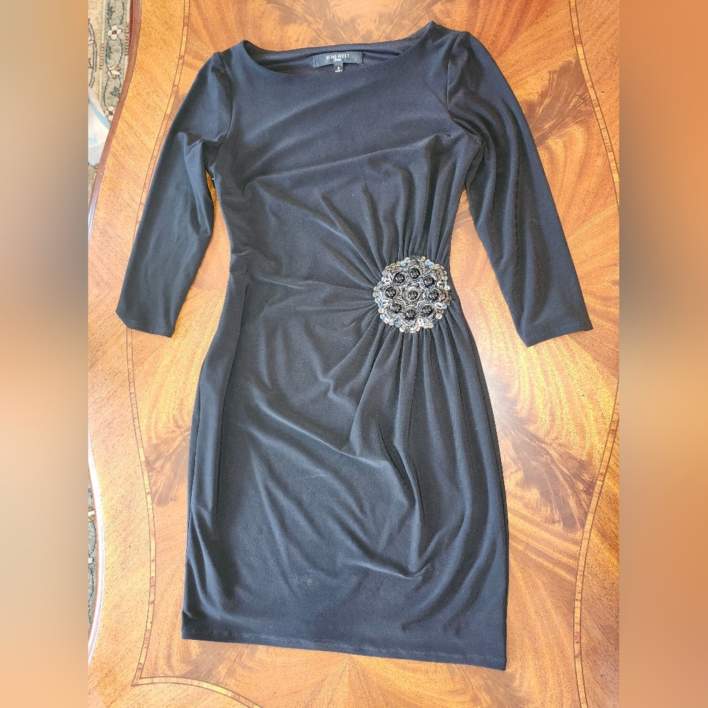 Nine West Black Long Sleeve Dress with Embellished Accent